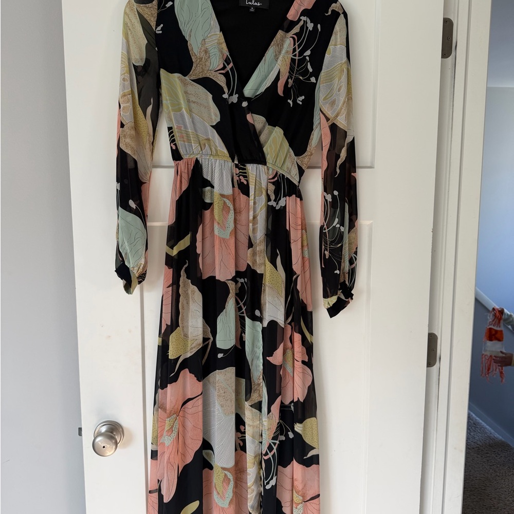Lulu's Black and Pink Floral Long Sleeve Dress
